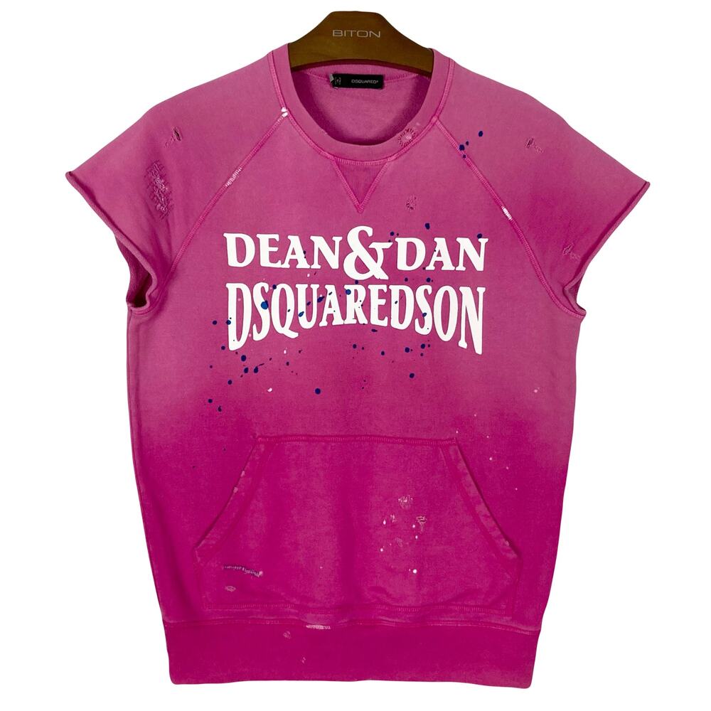 DSQUARED2 Sweatshirt Men M Pink ITALY Dip Dye Graphic Logo Paint Stitch Distress